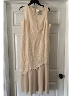 Vintage Megan Lee Womens Beaded Embroidered Linen Rayon Maxi Dress Size 12 Cream